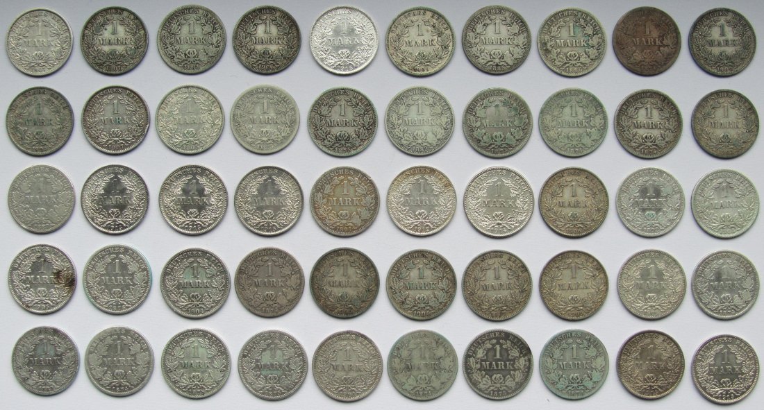  Kaiserreich: 50 x 1 Mark, zusammen 250 g Feinsilber   