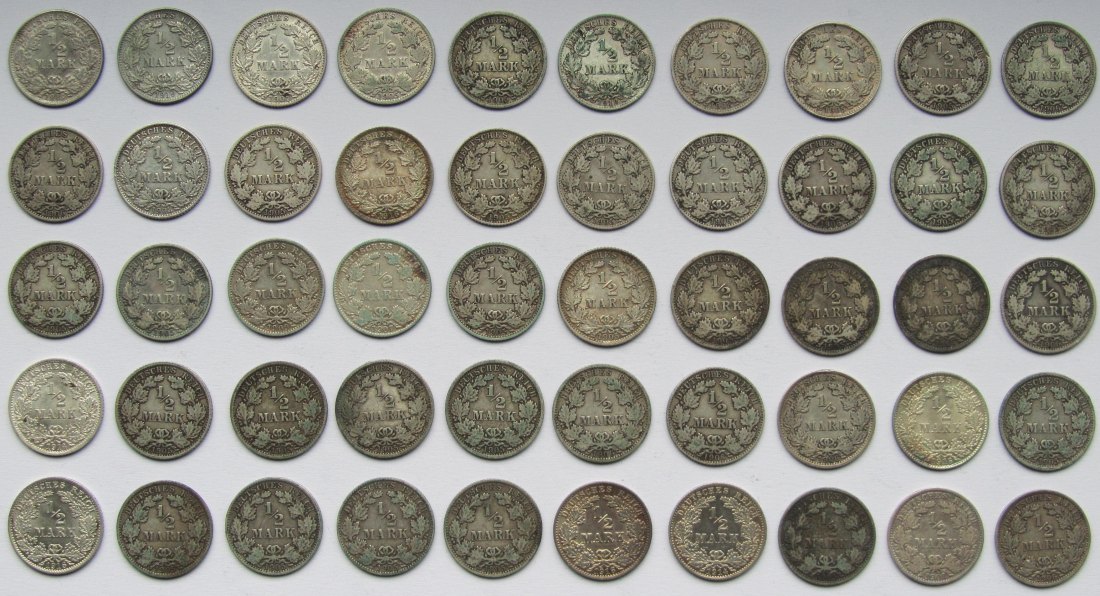 Kaiserreich: 50 x 1/2 Mark, zusammen 125 g Feinsilber   