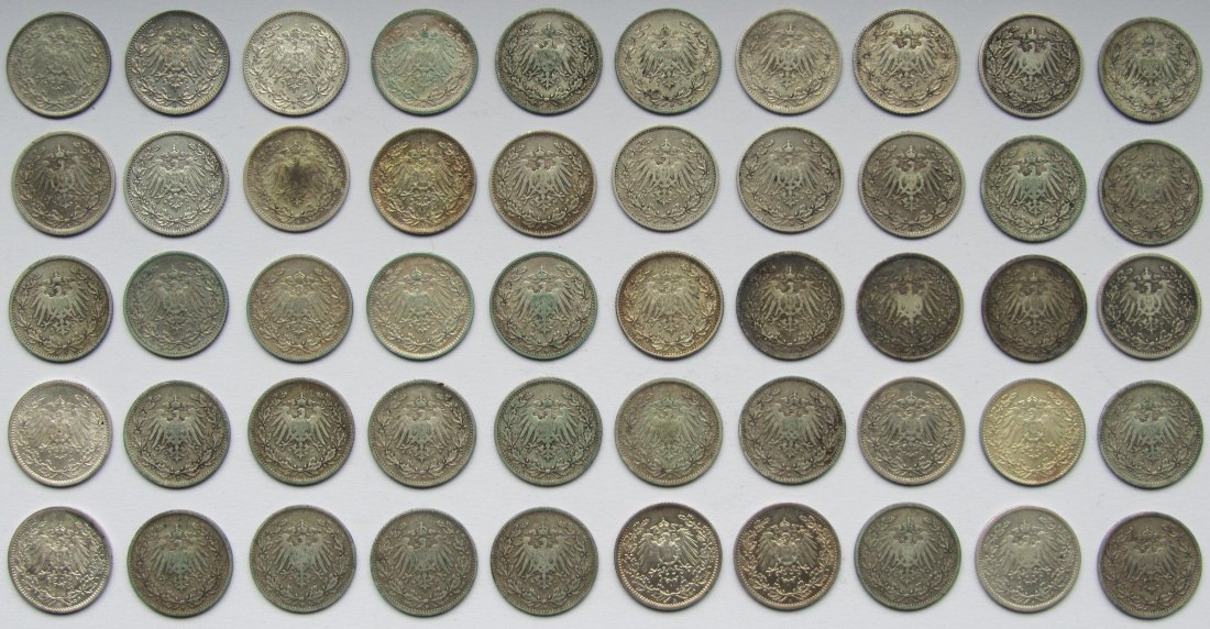  Kaiserreich: 50 x 1/2 Mark, zusammen 125 g Feinsilber   