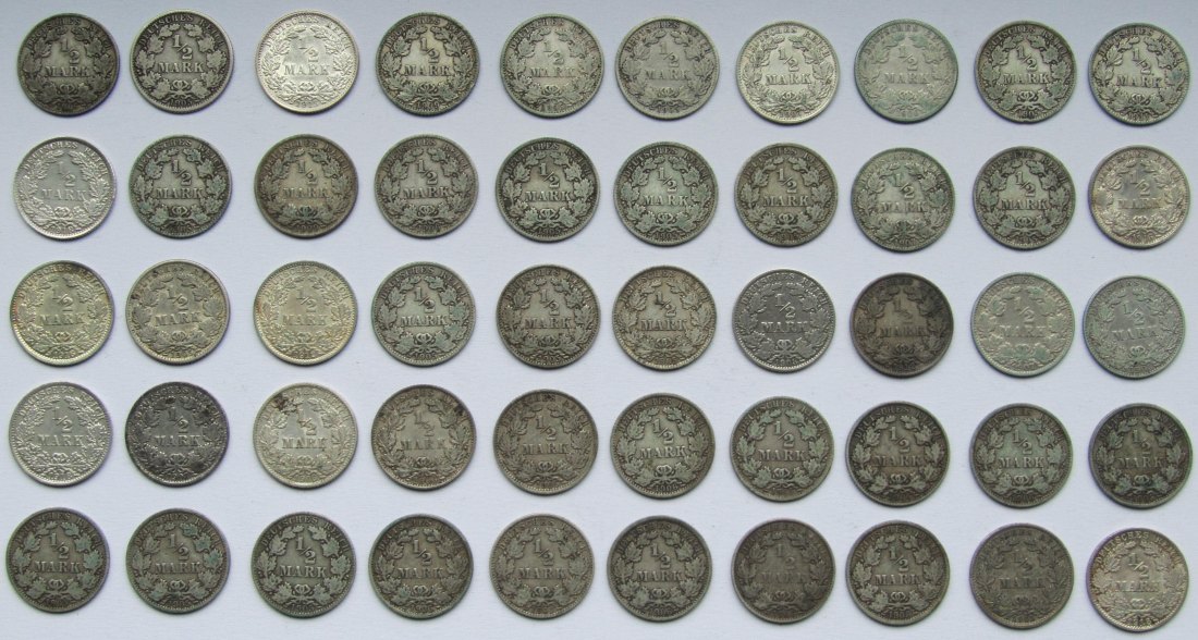  Kaiserreich: 50 x 1/2 Mark, zusammen 125 g Feinsilber   