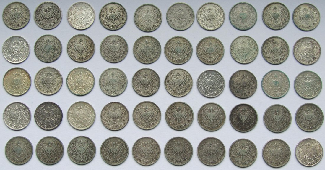  Kaiserreich: 50 x 1/2 Mark, zusammen 125 g Feinsilber   
