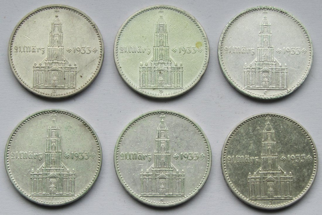  Deutsches Reich: 2 Mark Garnisonkirche 1934 (Jaeger 355), Komplettsatz (A-J), 30 g Feinsilber   