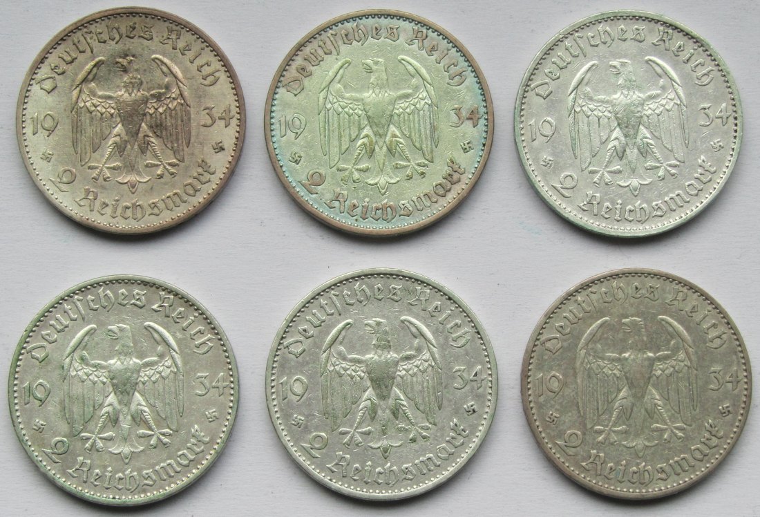  Deutsches Reich: 2 Mark Garnisonkirche 1934 (Jaeger 355), Komplettsatz (A-J), 30 g Feinsilber   