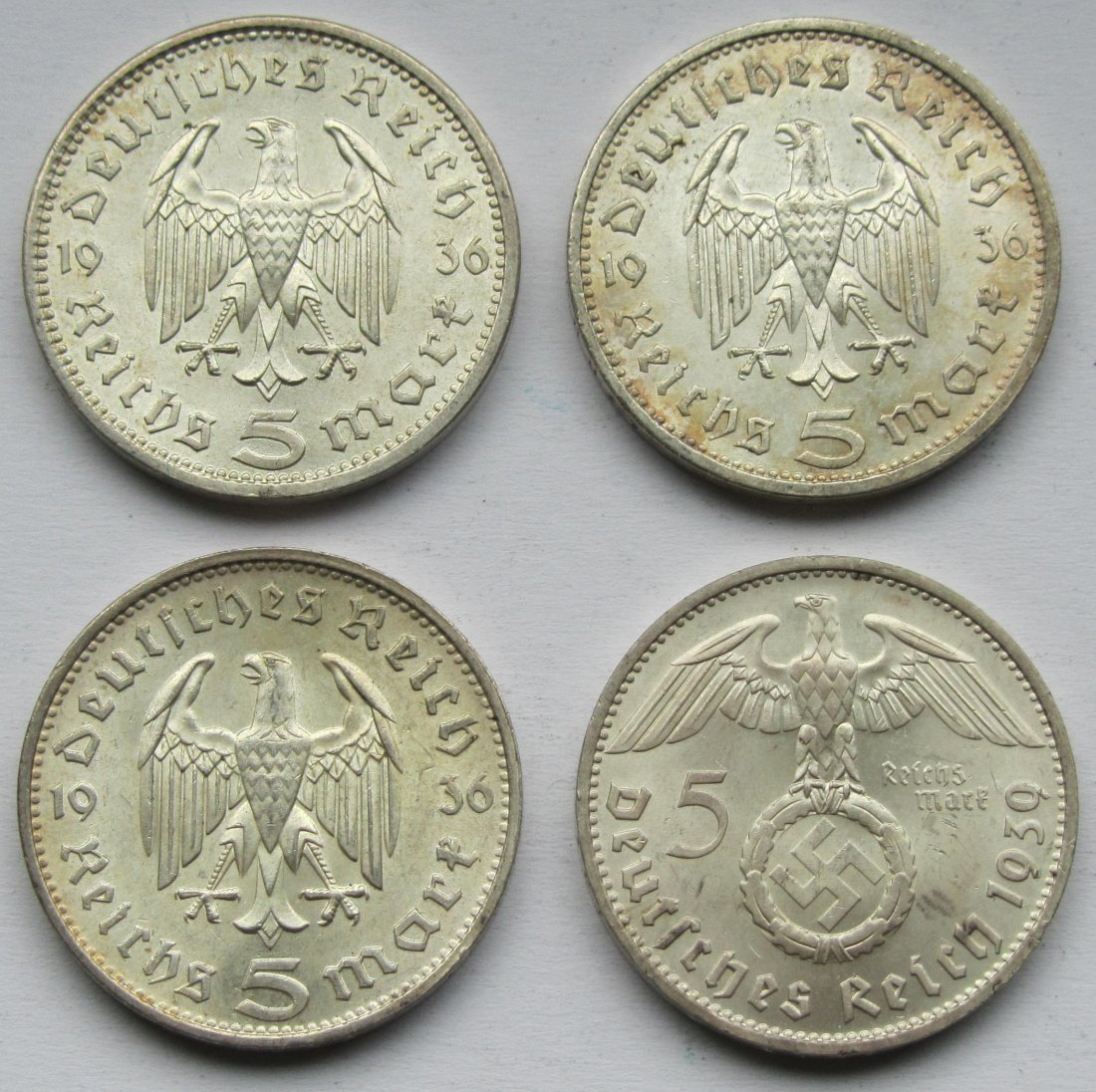  Deutsches Reich: 4 x 5 Mark Hindenburg in Top-Erhaltung, zusammen 50 g Feinsilber   