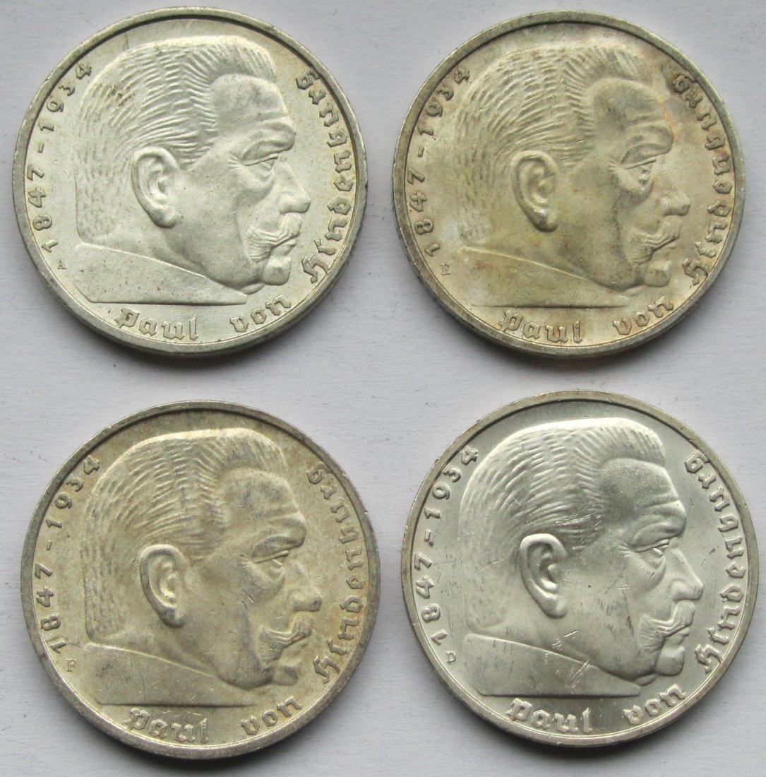  Deutsches Reich: 4 x 5 Mark Hindenburg in Top-Erhaltung, zusammen 50 g Feinsilber   