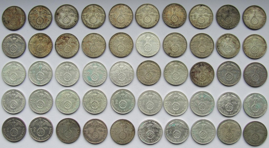  Deutsches Reich: 50 x 2 Mark Hindenburg, zusammen 250 g Feinsilber   