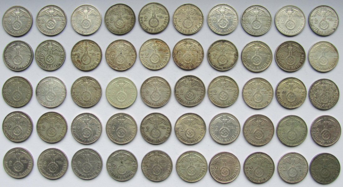  Deutsches Reich: 50 x 2 Mark Hindenburg, zusammen 250 g Feinsilber   
