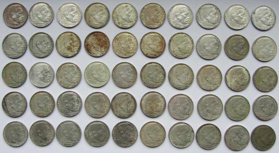  Deutsches Reich: 50 x 2 Mark Hindenburg, zusammen 250 g Feinsilber   