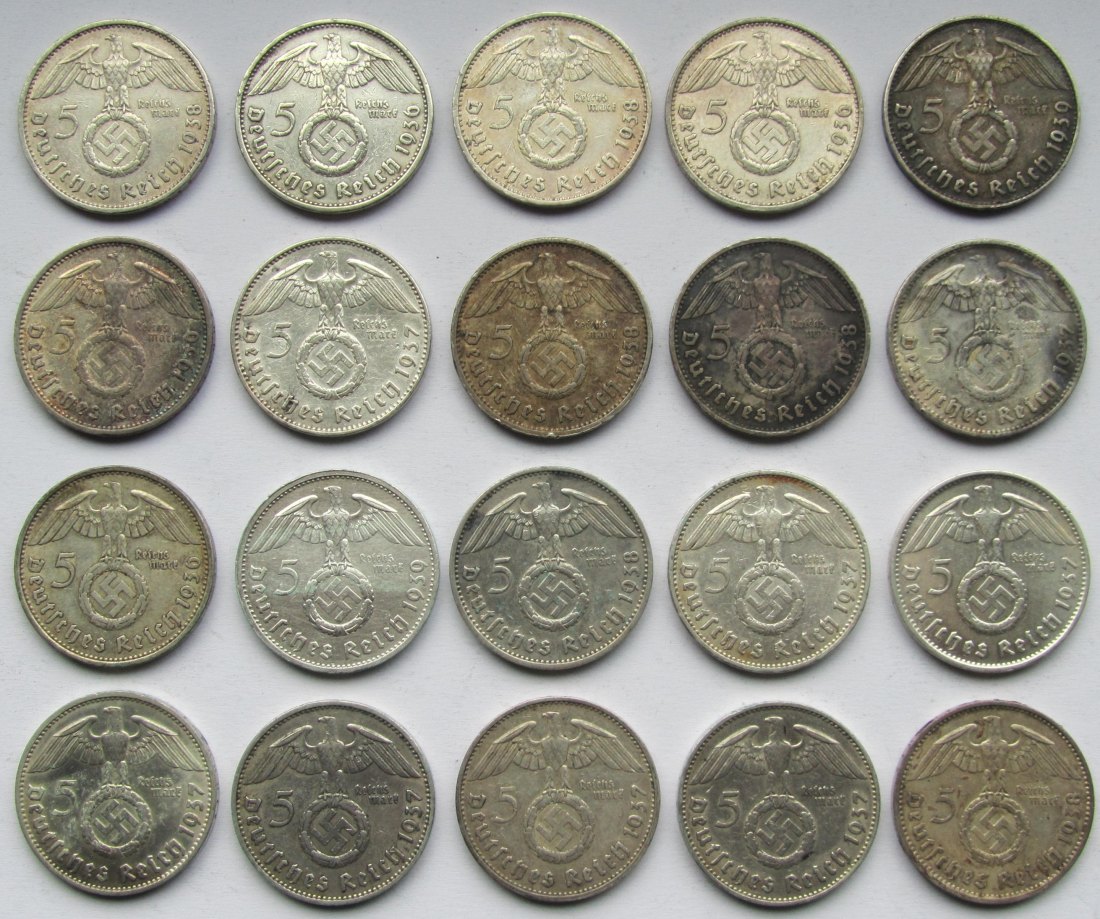  Deutsches Reich: 20 x 5 Mark Hindenburg, zusammen 250 g Feinsilber   