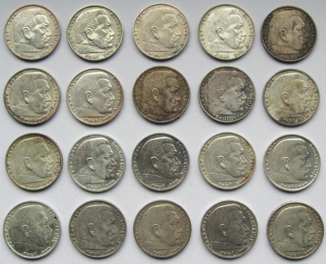  Deutsches Reich: 20 x 5 Mark Hindenburg, zusammen 250 g Feinsilber   