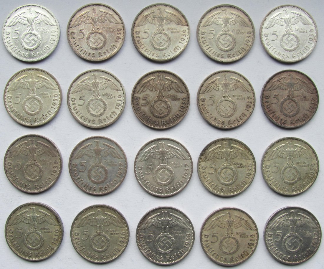  Deutsches Reich: 20 x 5 Mark Hindenburg, zusammen 250 g Feinsilber   