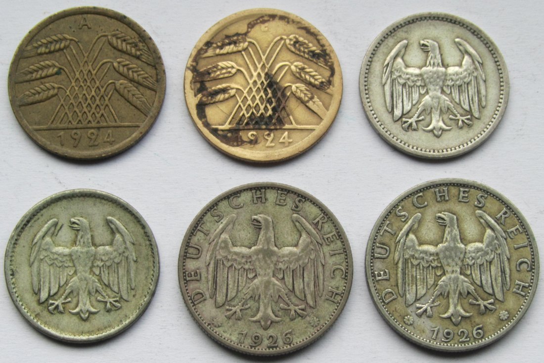  Weimarer Republik: Lot aus sechs Kleinmünzen   
