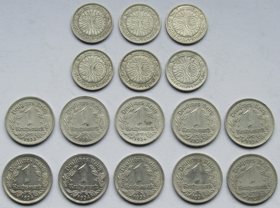  Deutsches Reich: 16 verschiedene Jahrgänge 50 Pfennig + 1 Mark Nickel   
