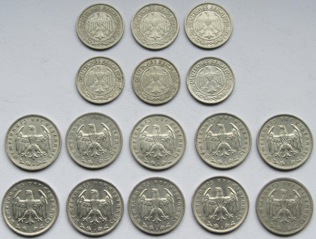  Deutsches Reich: 16 verschiedene Jahrgänge 50 Pfennig + 1 Mark Nickel   