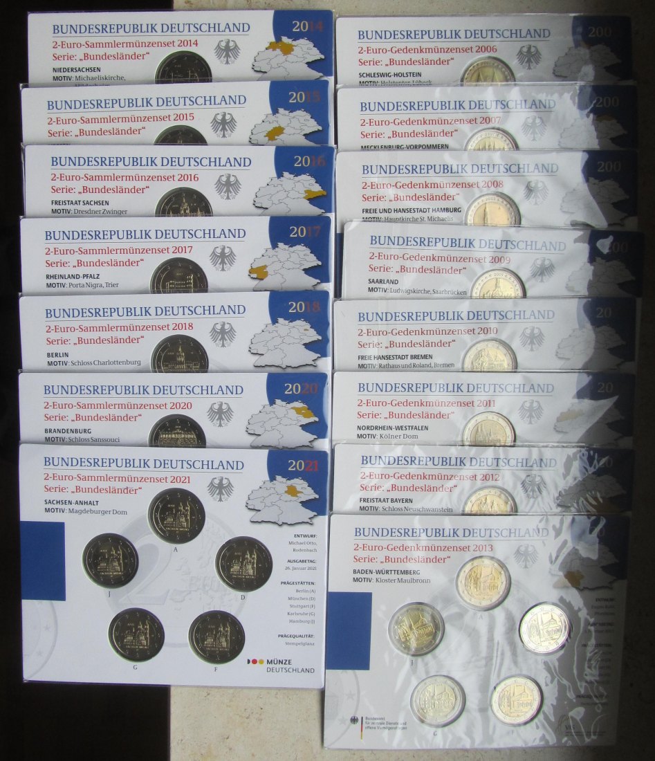  Deutschland: 15 x 2-Euro-Blister Bundesländer 2006-2021 in Stempelglanz   