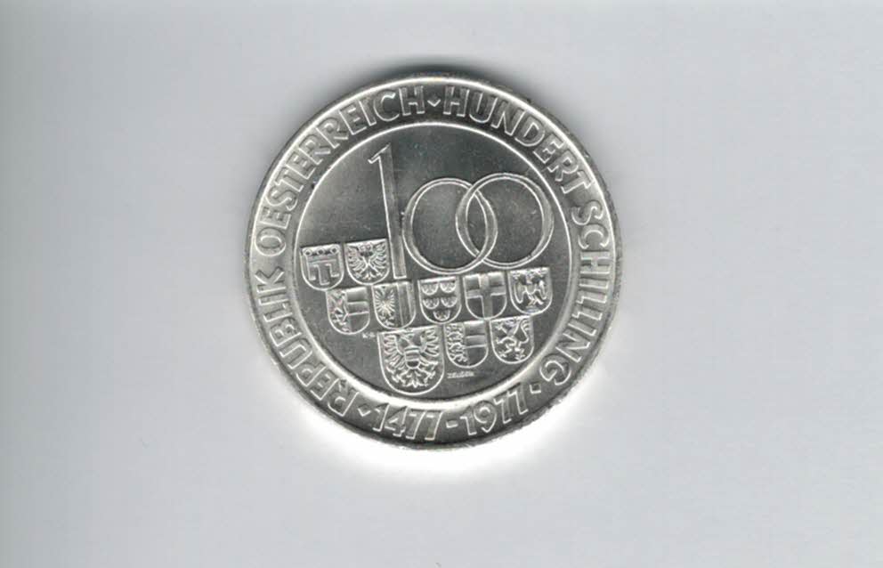  100 Schilling 1977 500 Jahre Münzstätte Hall/Tirol 15,36g fei Ag Österreich Spittalgold9800 01914/16   