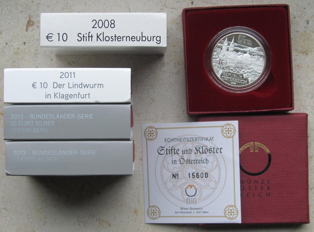  Österreich: Vier verschiedene 10-Euro-Silbermünzen in PP, zusammen 64 g Feinsilber   