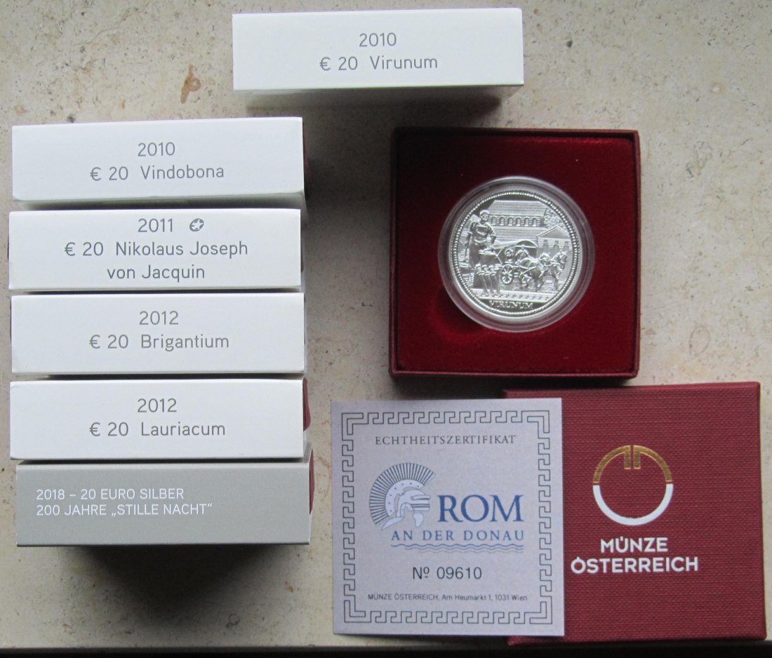  Österreich: Sechs verschiedene 20-Euro-Silbermünzen in PP, zusammen 108 g Feinsilber   