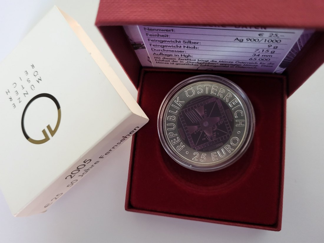  25 Euro 2005 Niob 50 Jahre Fernsehen Silber 900 Ag Österreich Spittalgold9800 (5374   