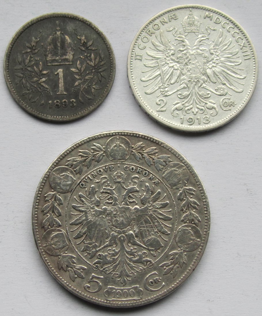  Österreich: 1 + 2 + 5 Kronen, zusammen 34,1 g Feinsilber   