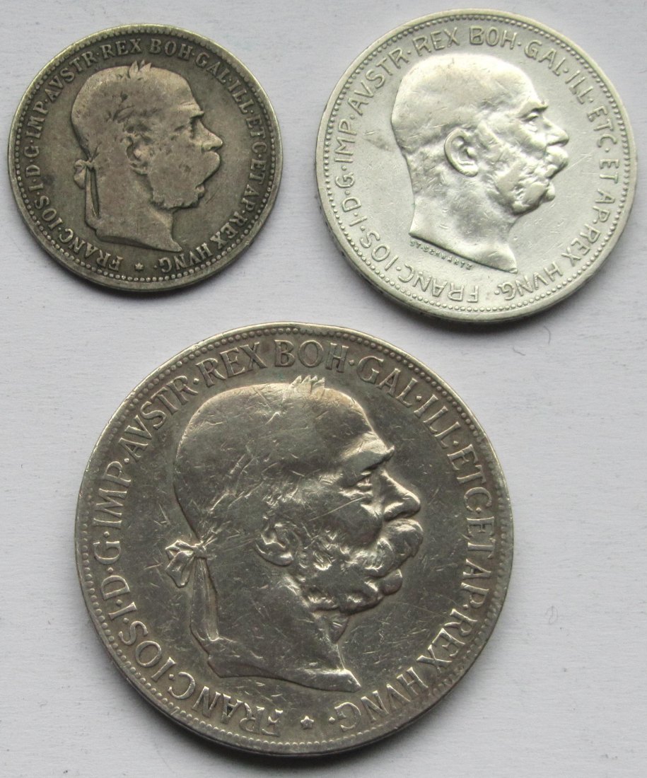  Österreich: 1 + 2 + 5 Kronen, zusammen 34,1 g Feinsilber   