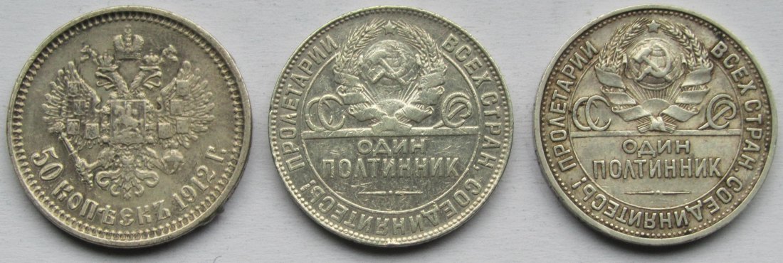  Russland/Sowjetunion: 3 x 50 Kopeken (1912 + 1924 + 1925), zusammen 27 g Feinsilber   
