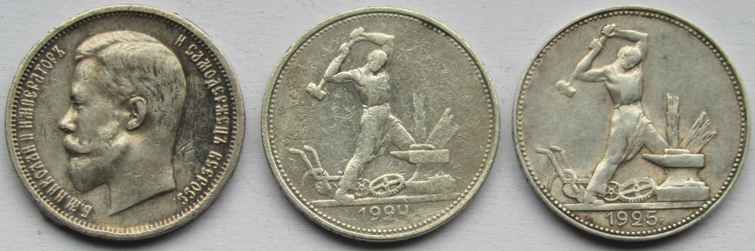  Russland/Sowjetunion: 3 x 50 Kopeken (1912 + 1924 + 1925), zusammen 27 g Feinsilber   