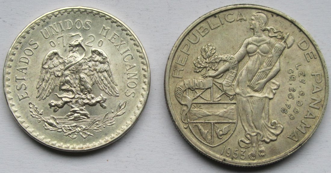  Mexiko/Panama: Lot aus zwei Silbermünzen, zusammen 36 g Feinsilber   
