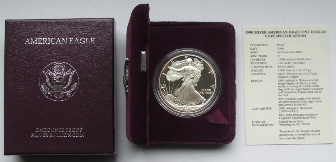  USA Vereinigte Staaten: Silberunze Eagle 1990, Proof/PP   