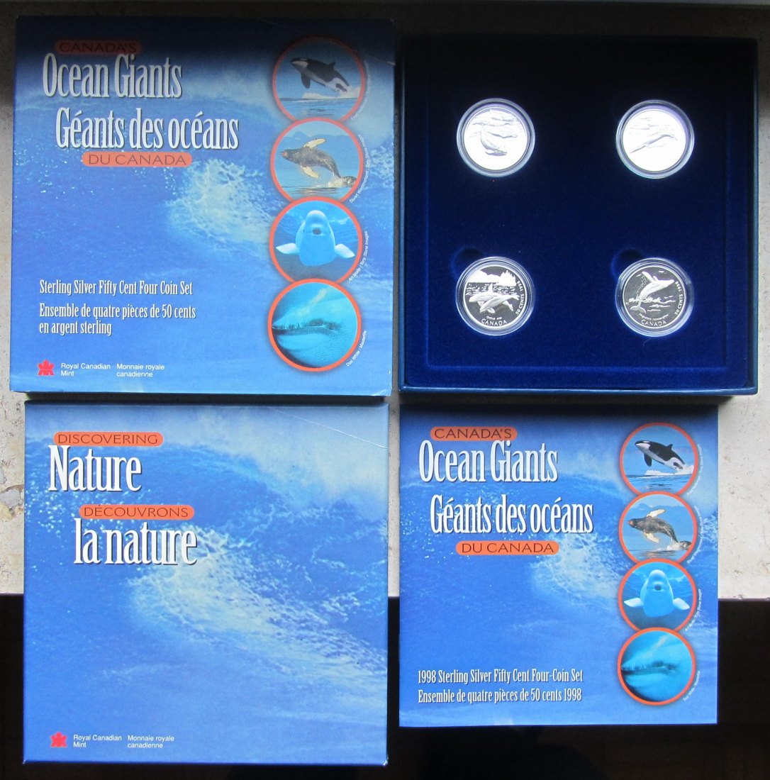  Kanada: Satz Ocean Giants 1998, 4 x 50 Cents, zusammen 34,4 g Feinsilber   