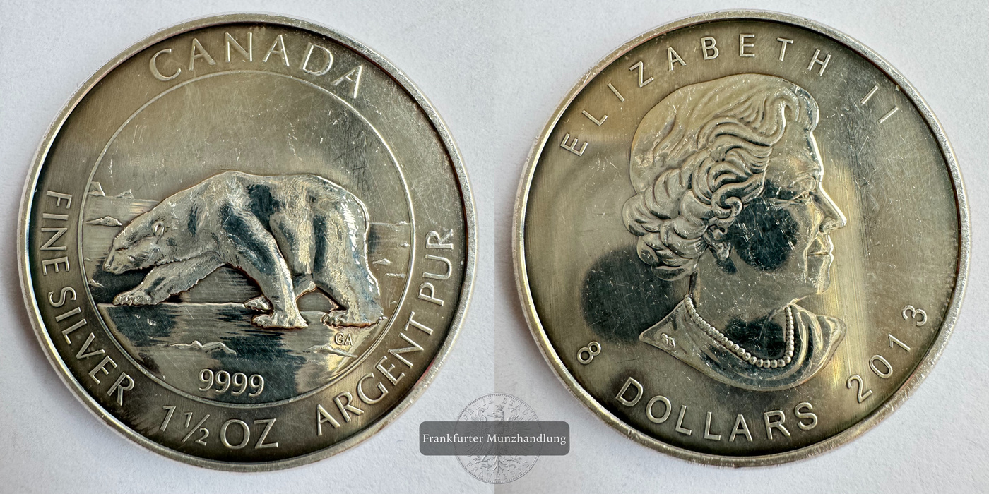  Kanada 8 Dollar 2013 Eisbär 1 1/2 Oz FM-Frankfurt KM#1535 Feinsilber: 46,65g   