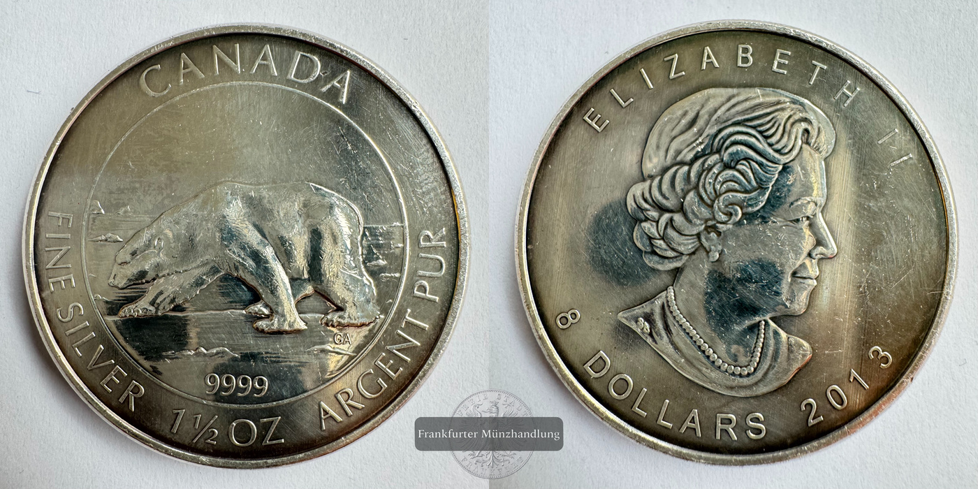  Kanada 8 Dollar 2013 Eisbär 1 1/2 Oz FM-Frankfurt KM#1535 Feinsilber: 46,65g   