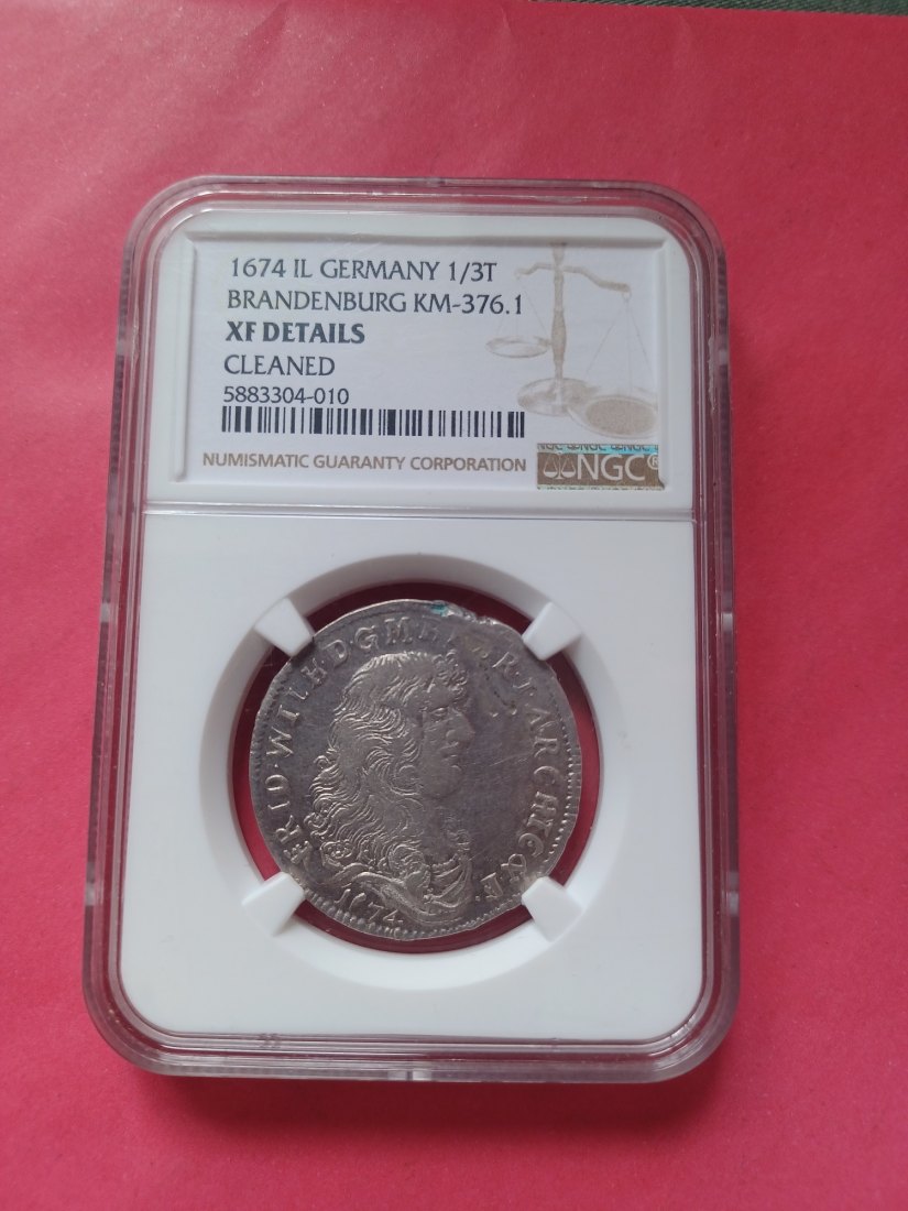  Altdeutschland Silbermünze 1/3 Taler Brandenburg 1674 IL SELTEN NGC XF Zainende   