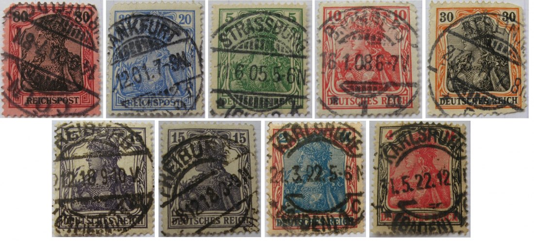  Rare –1900/1922,Germany-Stamp series „Germania”-9 stamps with with clear postmarks   