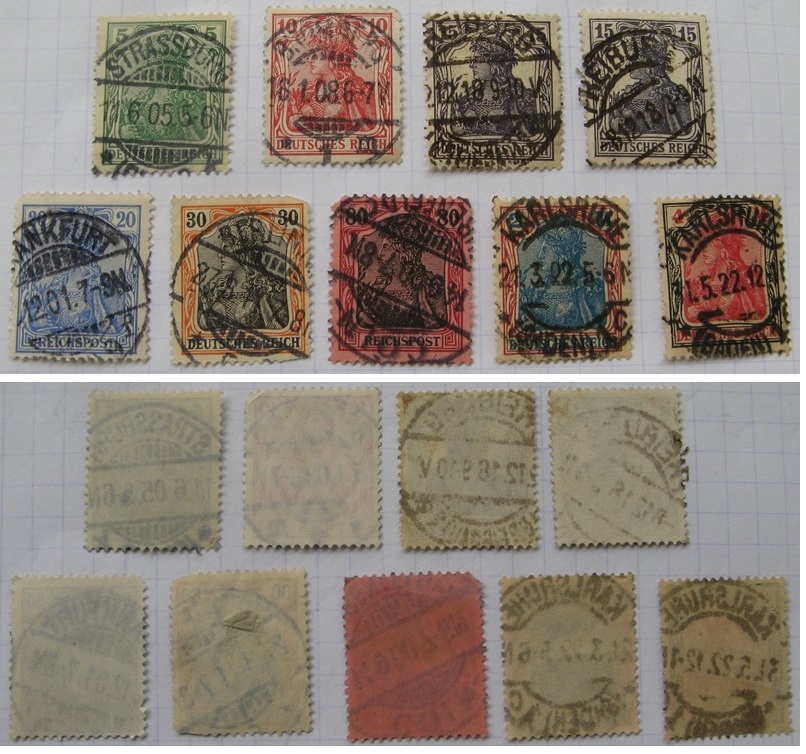  Rare –1900/1922,Germany-Stamp series „Germania”-9 stamps with with clear postmarks   