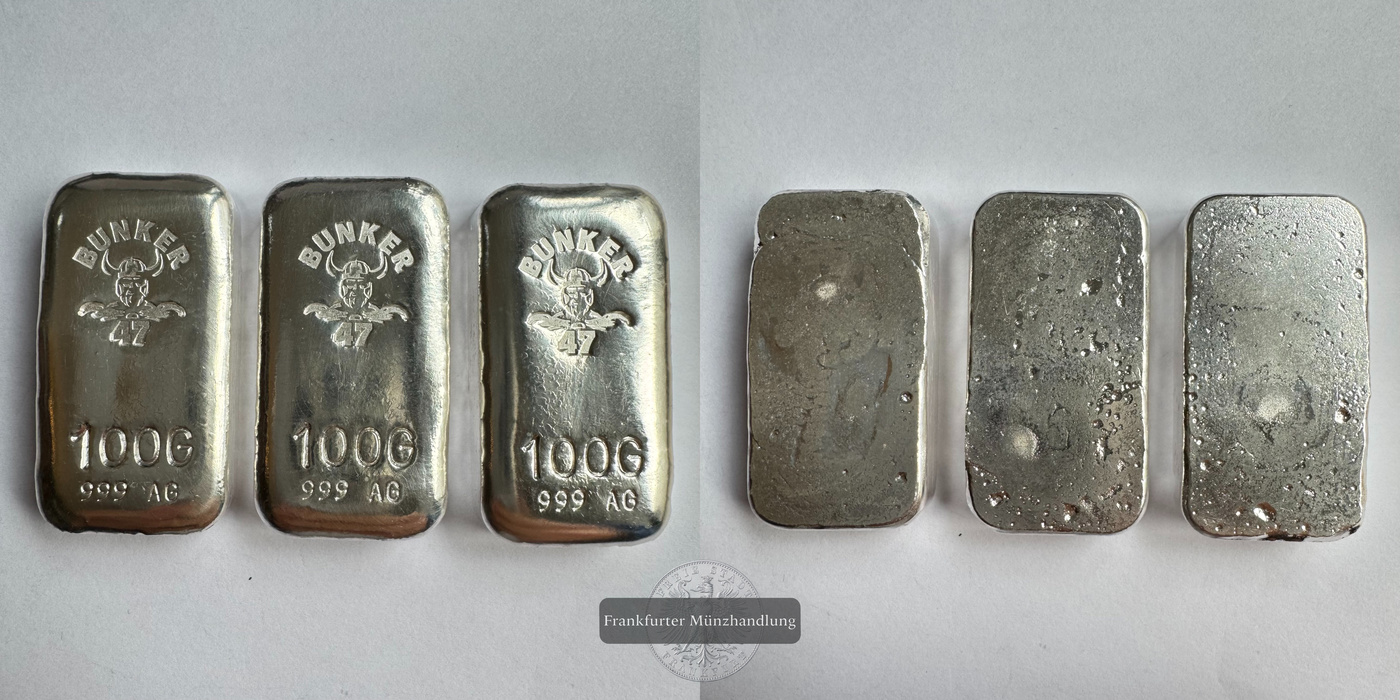  Deutschland / 3x 100g Silberbarren Bunker 47 FM-Frankfurt Feinsilber: 305,7g   