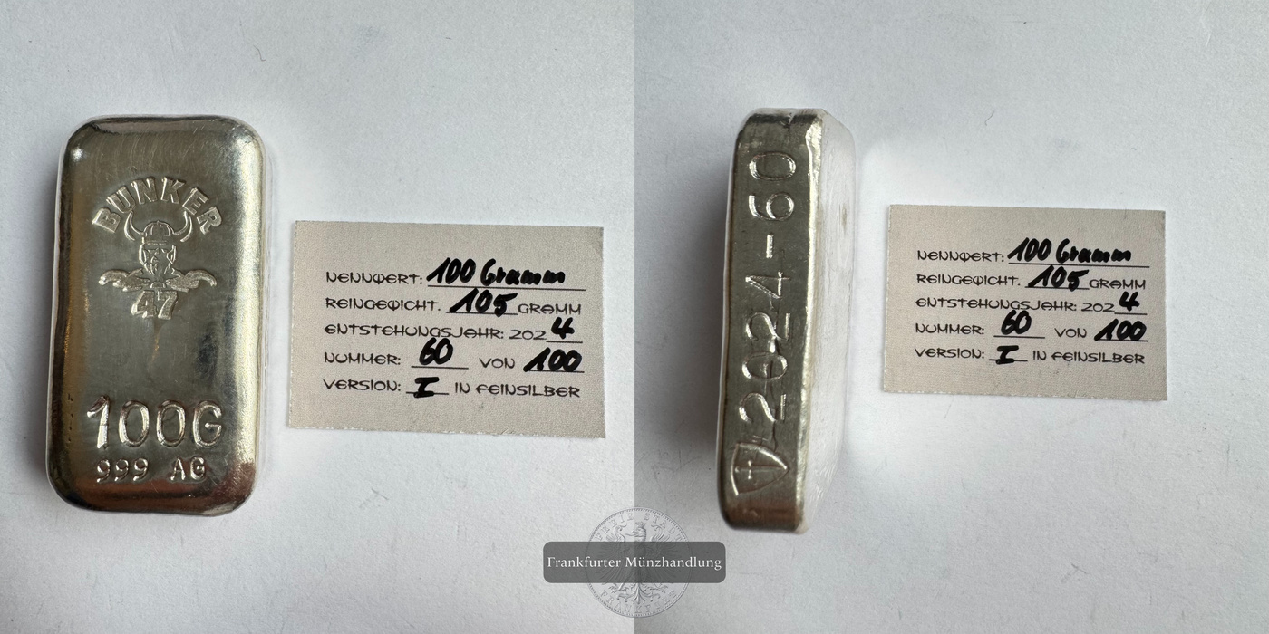  Deutschland / Bunker 47 100g Silberbarren 2024 FM-Frankfurt Feinsilber: 105g   