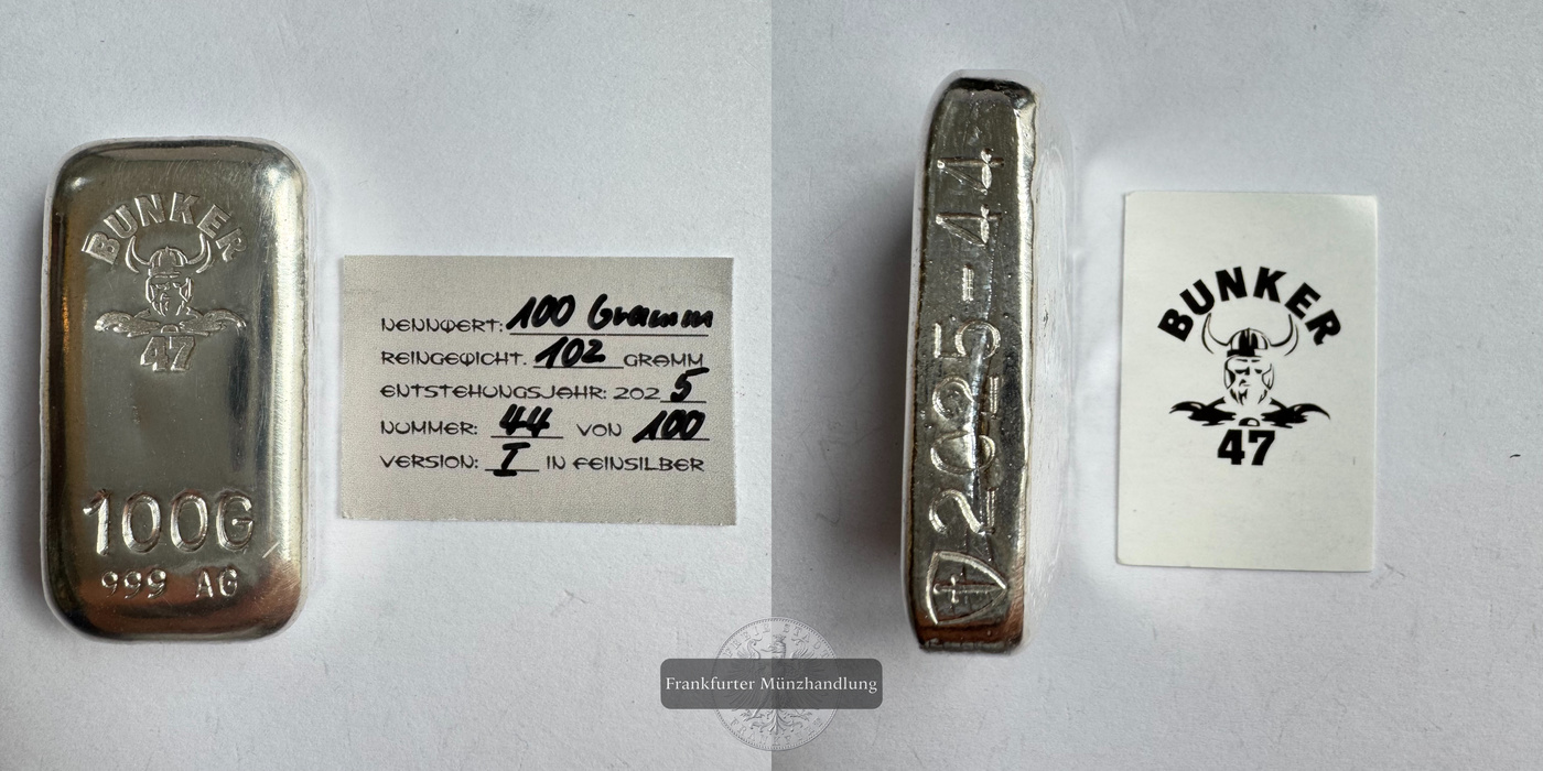  Deutschland / Bunker 47 100g Silberbarren 2025 FM-Frankfurt Feinsilber: 102g   