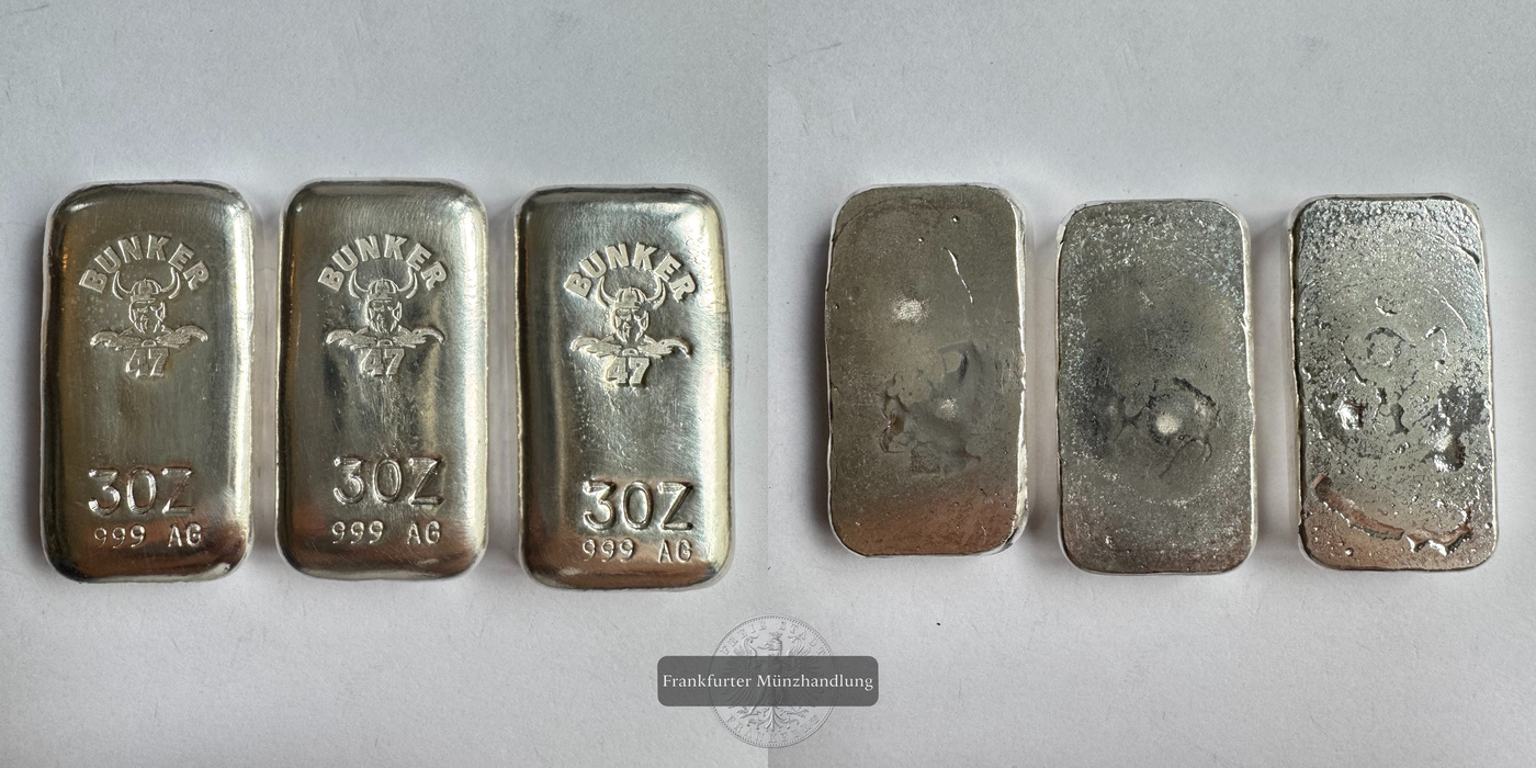  Deutschland / 3x 3 Unzen Silberbarren Bunker 47 FM-Frankfurt Feinsilber: 289g   