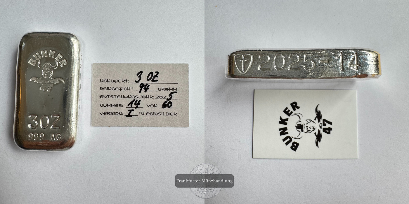  Deutschland / Bunker 47 3oz Silberbarren 2025 FM-Frankfurt Feinsilber: 94g   