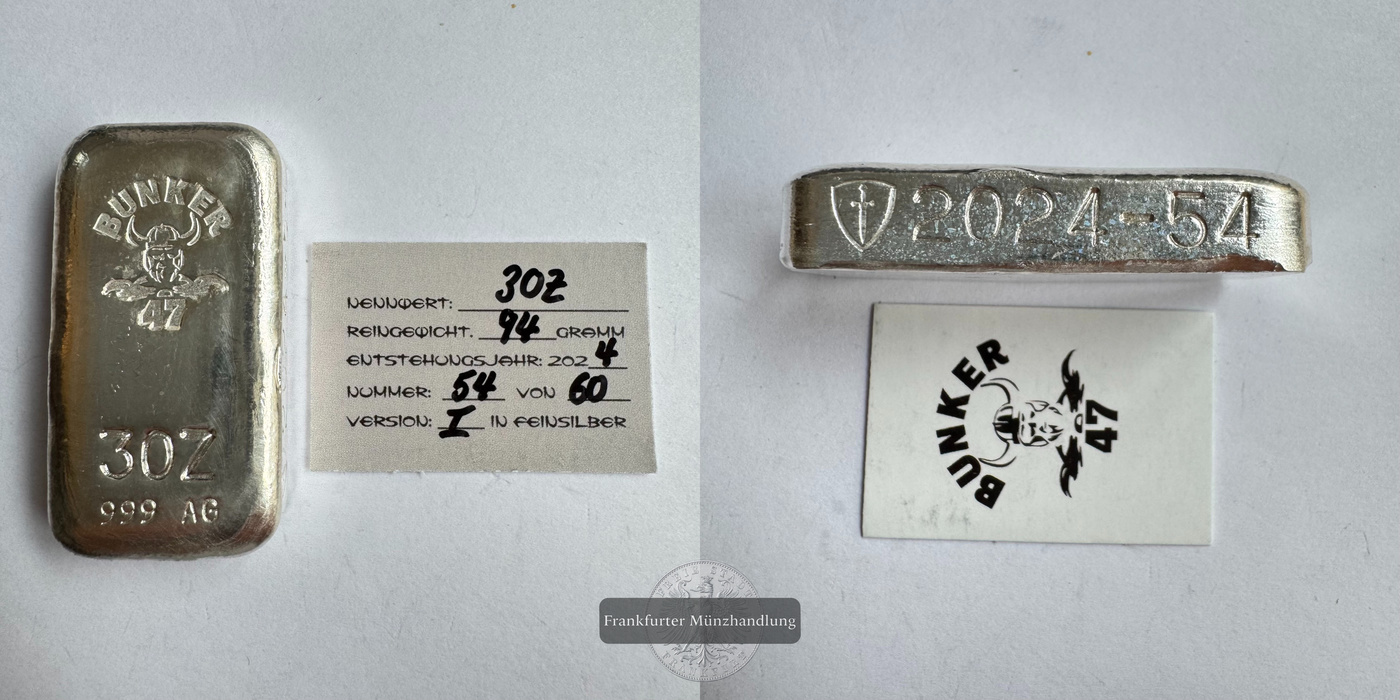  Deutschland / Bunker 47 3oz Silberbarren 2024 FM-Frankfurt Feinsilber: 94g   