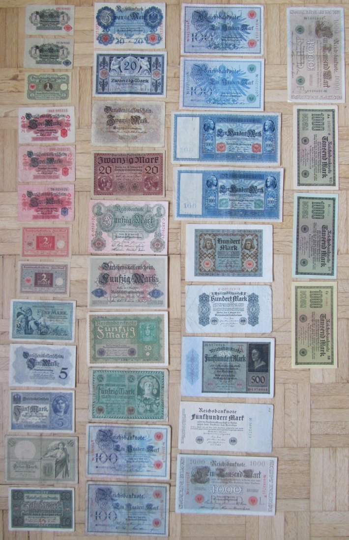  Deutsches Reich: Lot aus 36 verschiedenen Banknoten 1-1000 Mark vor 1924   