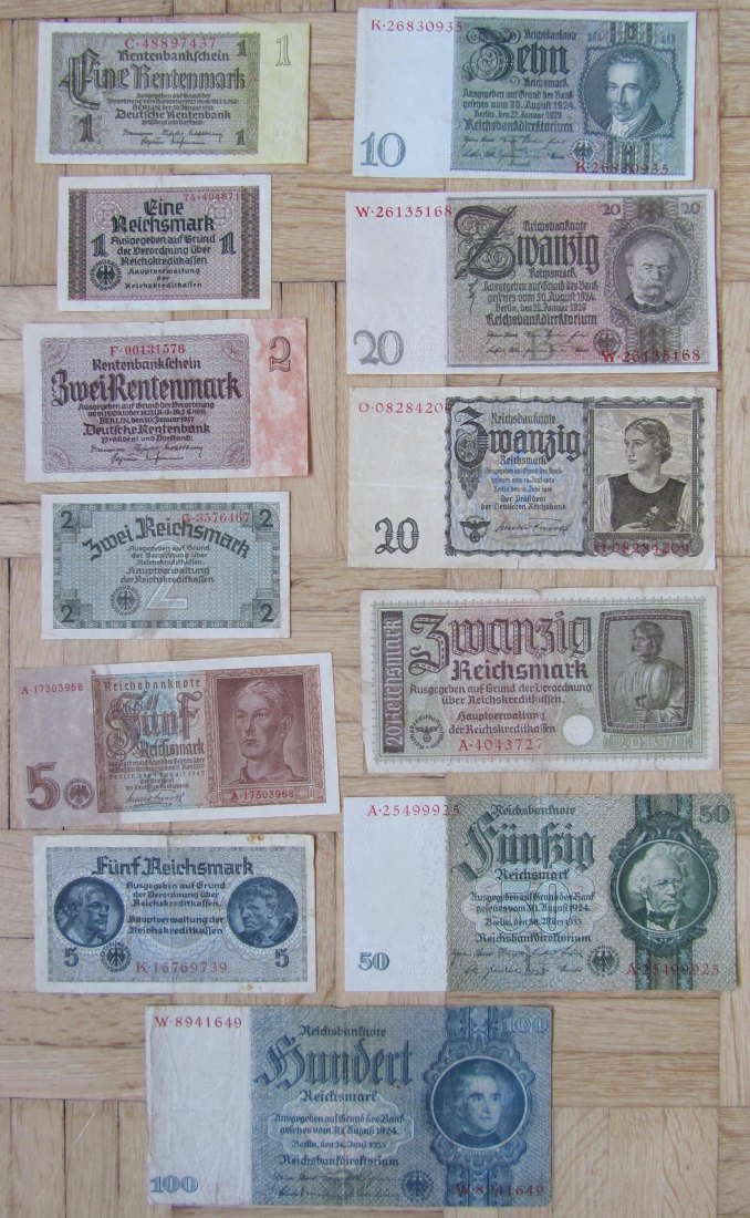  Deutsches Reich: Lot aus zwölf verschiedenen Banknoten nach 1924   