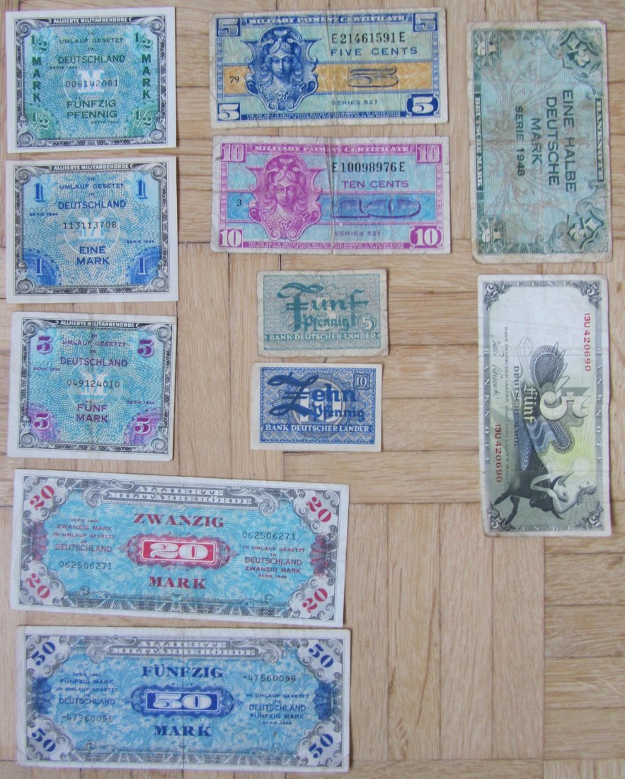  Alliierte Besatzung/Bank deutscher Länder: Lot aus elf verschiedenen Banknoten   