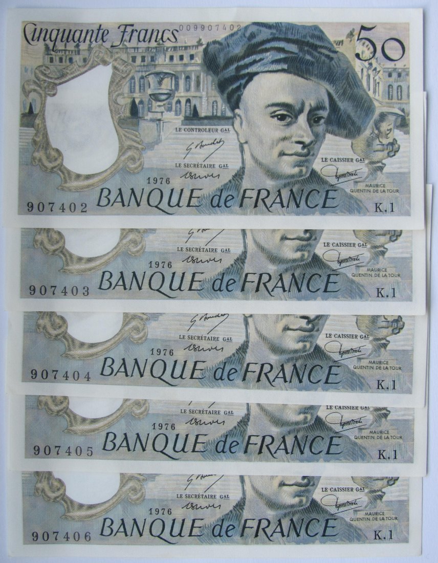 Frankreich: 5 x 50 Francs 1976, kassenfrisch mit fortlaufender Seriennummer   