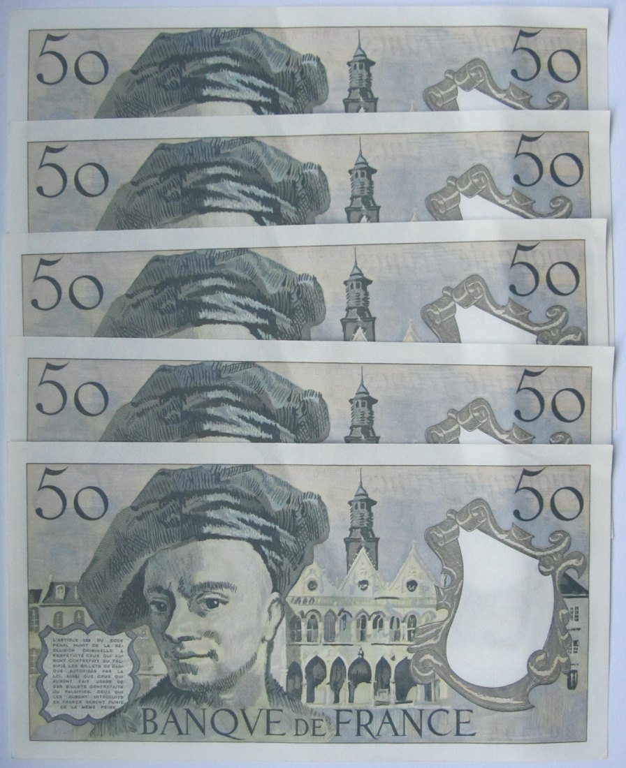  Frankreich: 5 x 50 Francs 1976, kassenfrisch mit fortlaufender Seriennummer   