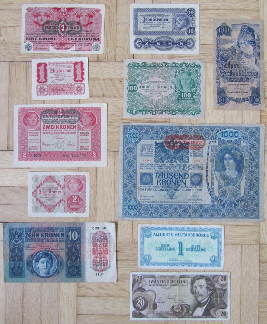  Österreich: Lot aus elf verschiedenen Banknoten   