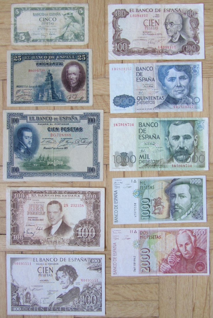  Spanien: Lot aus zehn verschiedenen Banknoten   