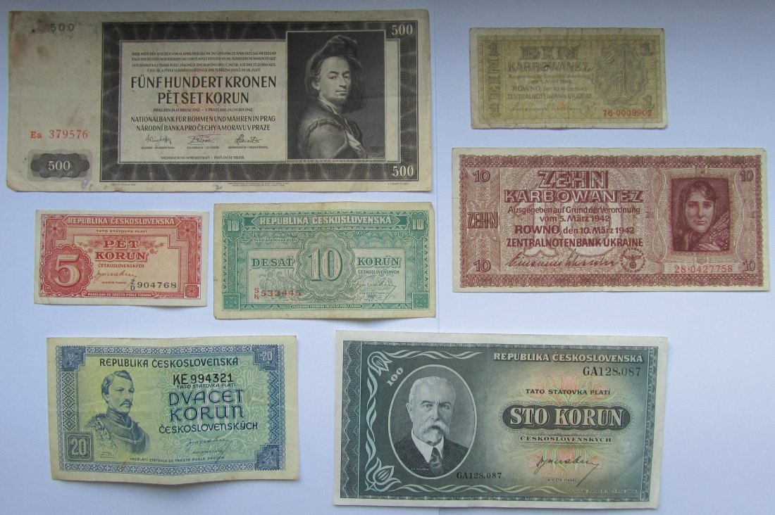  Tschechoslowakei/Ukraine: Lot aus sieben verschiedenen Banknoten   