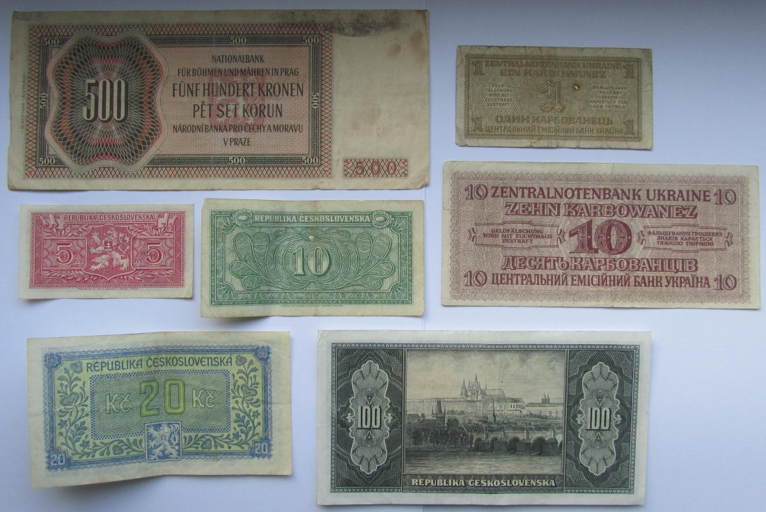  Tschechoslowakei/Ukraine: Lot aus sieben verschiedenen Banknoten   